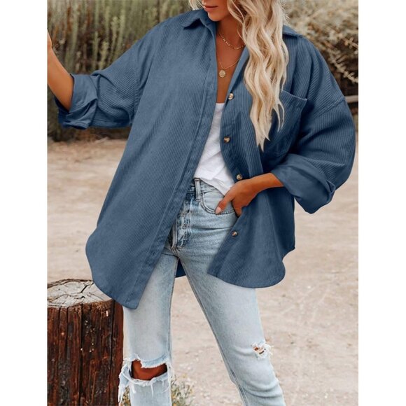 Women Blue Collared V Neck Button Down Oversized Long Sleeve Shirt Top - Picture 6 of 6